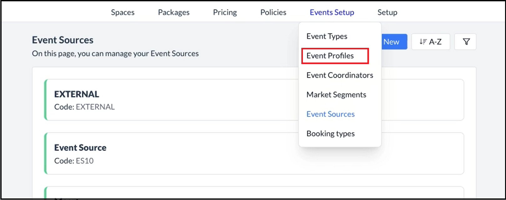 Events Setup Menu - Event Profiles Link
