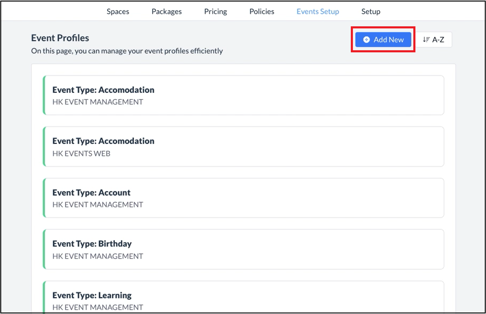 Event Profiles Page - Add New Link