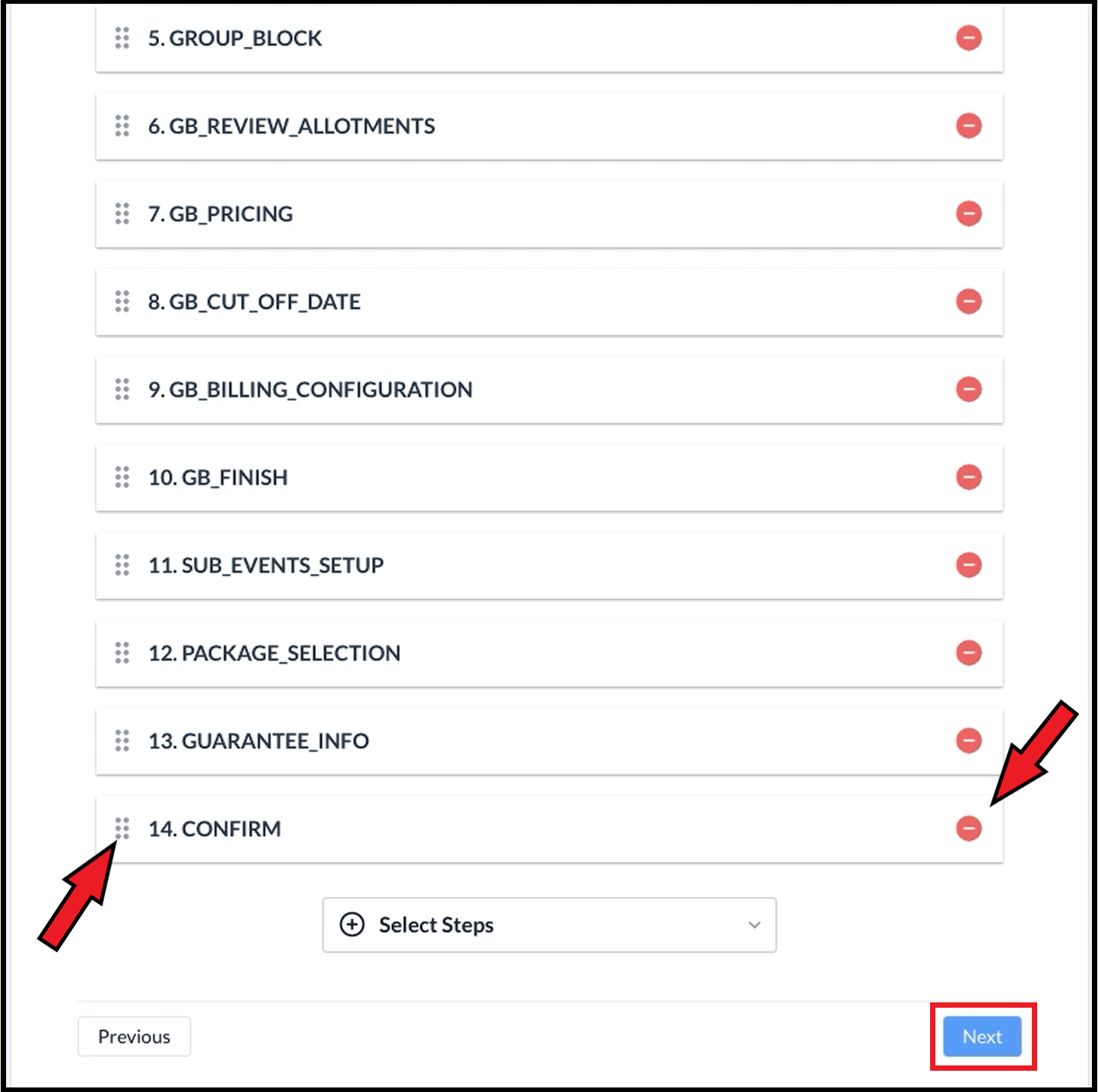 Process Flow Item Drag Handles and Delete Icons
