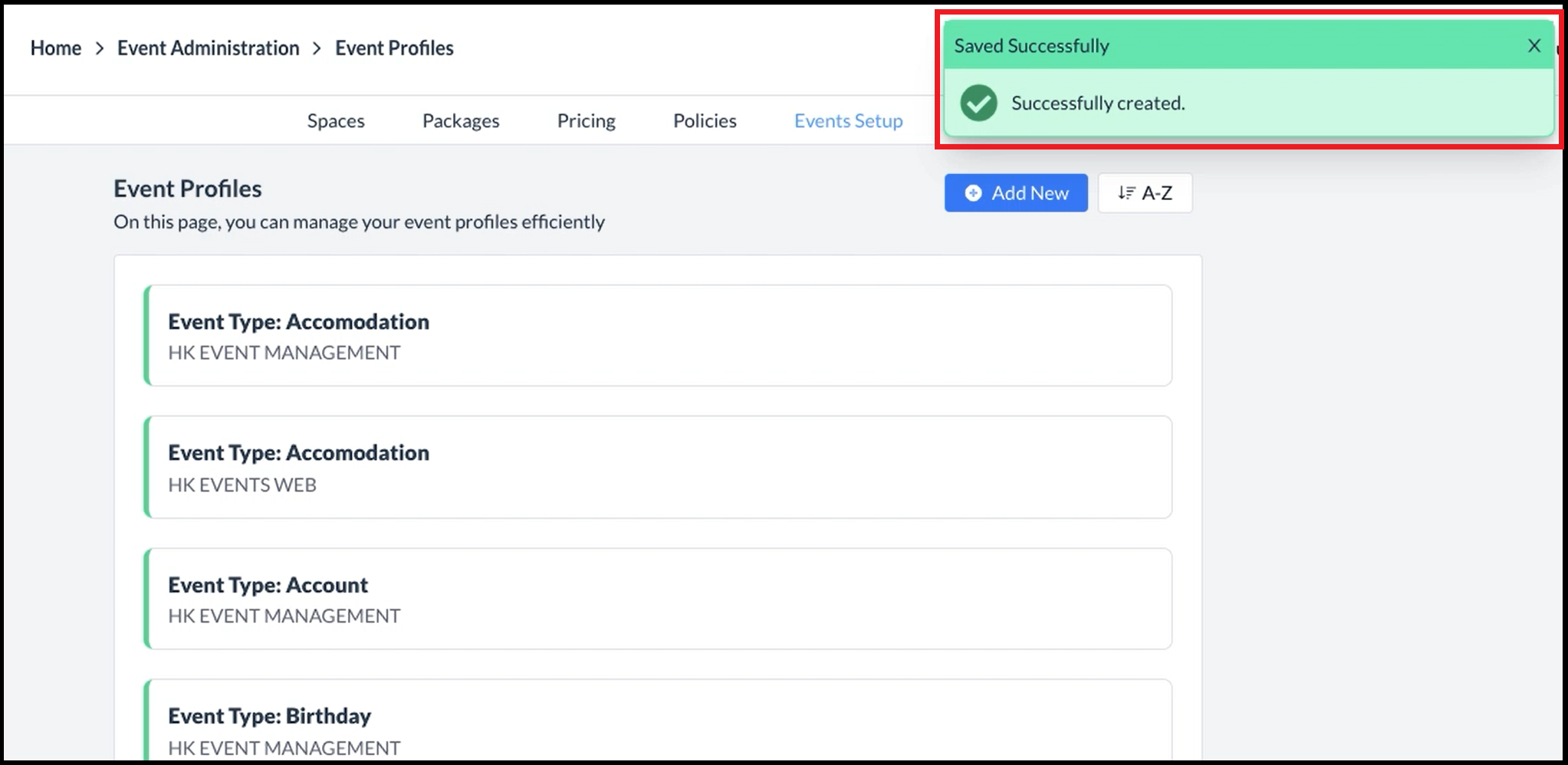 Event Profile Added Success Message