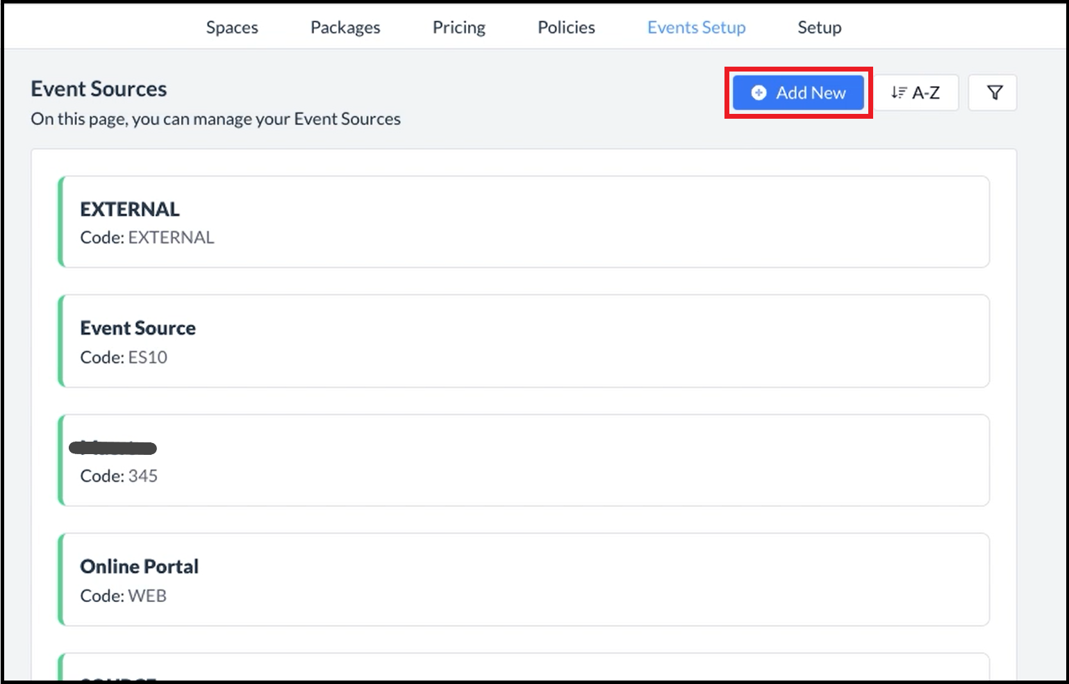 Event Sources Page - Add New Link