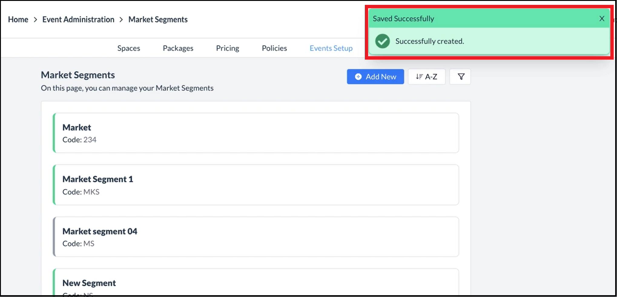 Market Segment Added Success Message