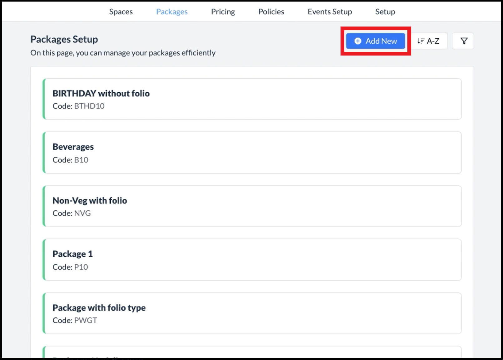 Packages Setup Page - Add New Link