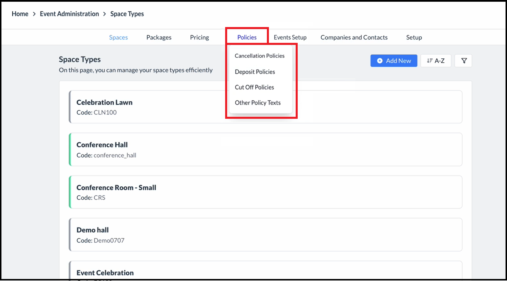 Space Type Page - Policies Menu Expanded