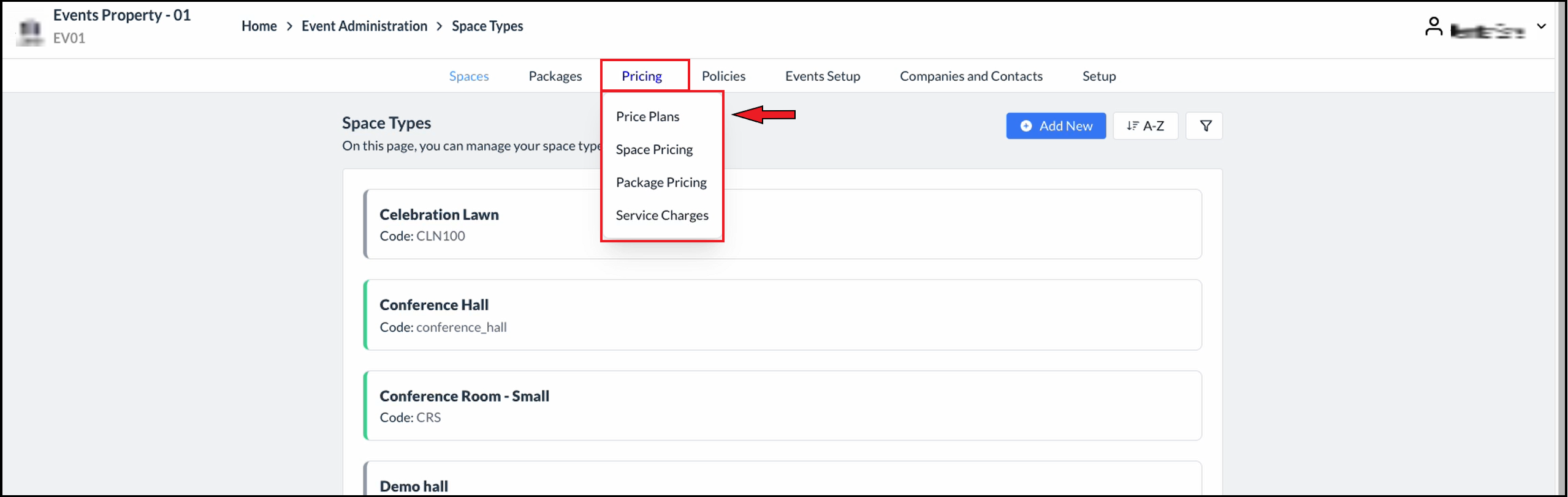 Space Types Page - Pricing Menu Expanded