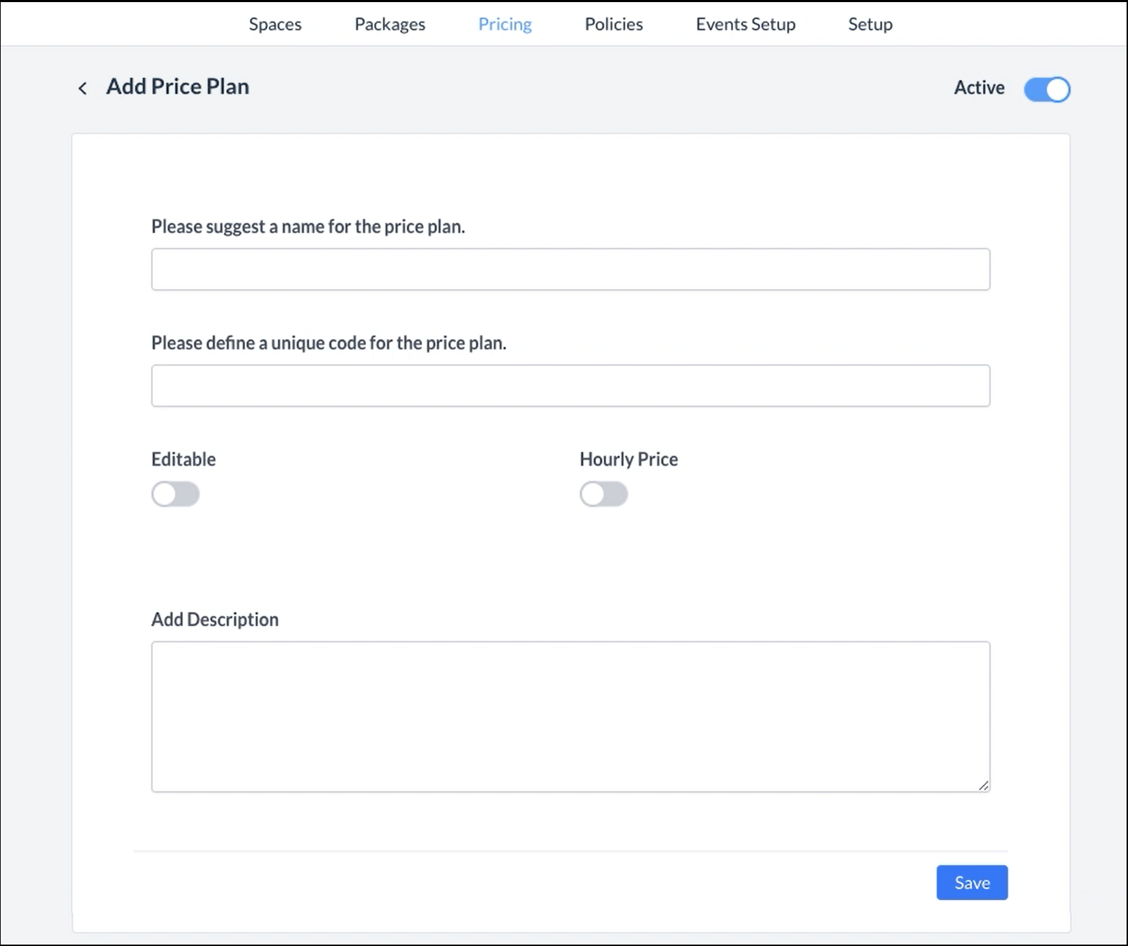 Add Price Plan Panel - Blank