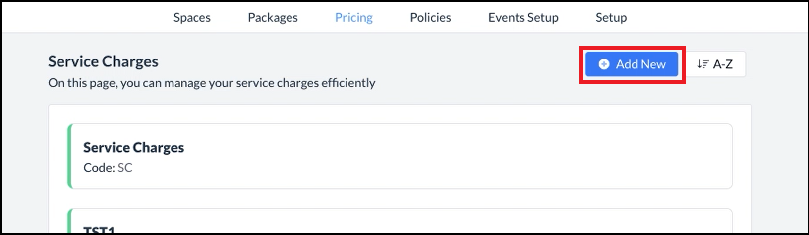 Service Charges Panel - Add New Link