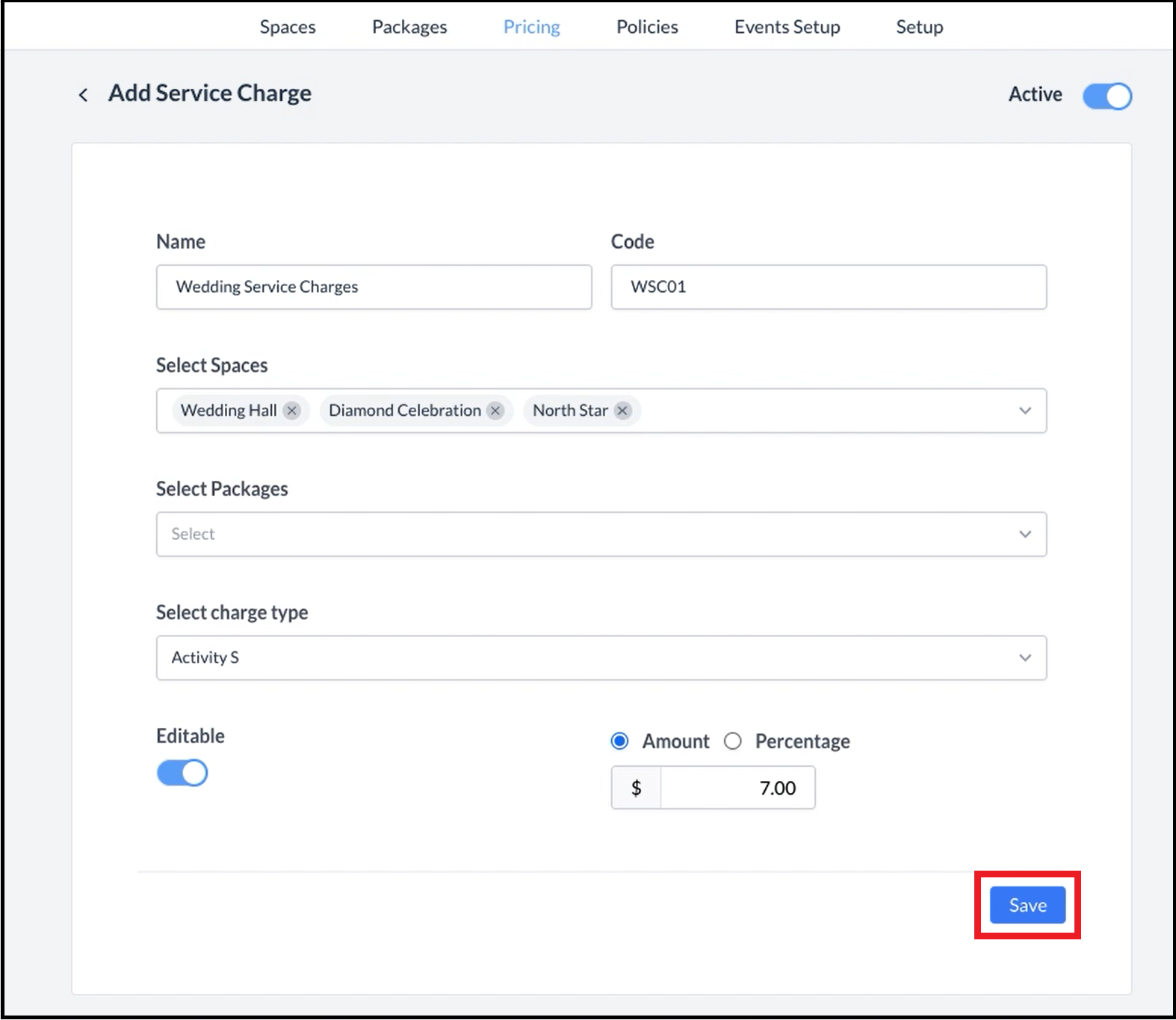 Add Service Charge Panel - Filled