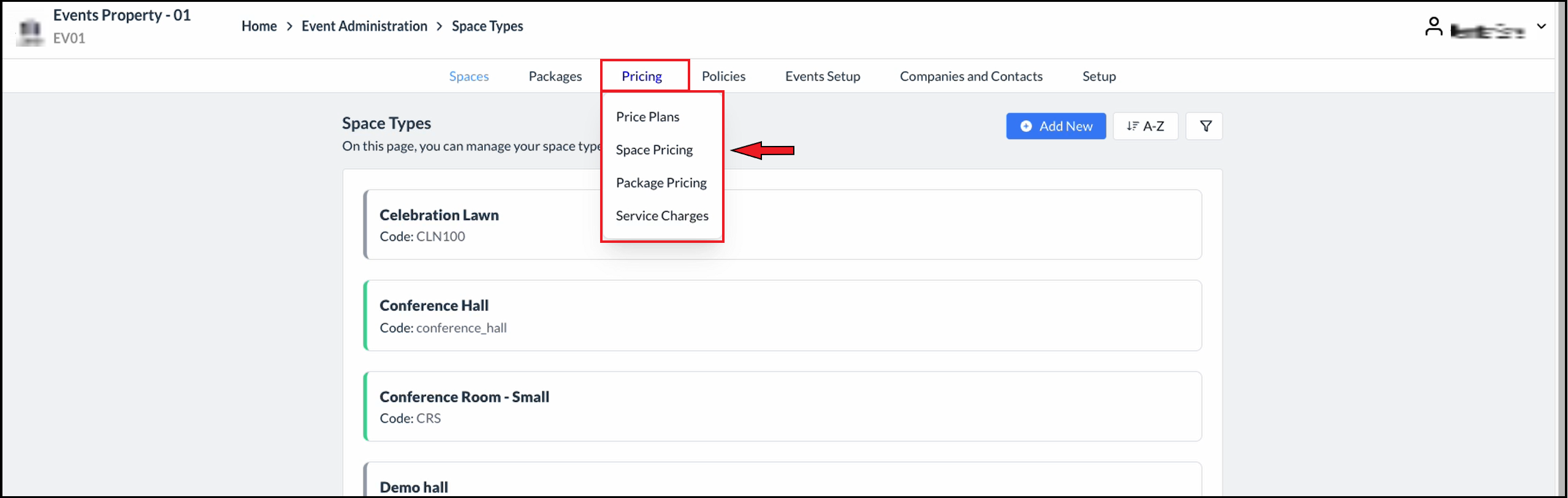 Space Types Page - Pricing Menu Expanded