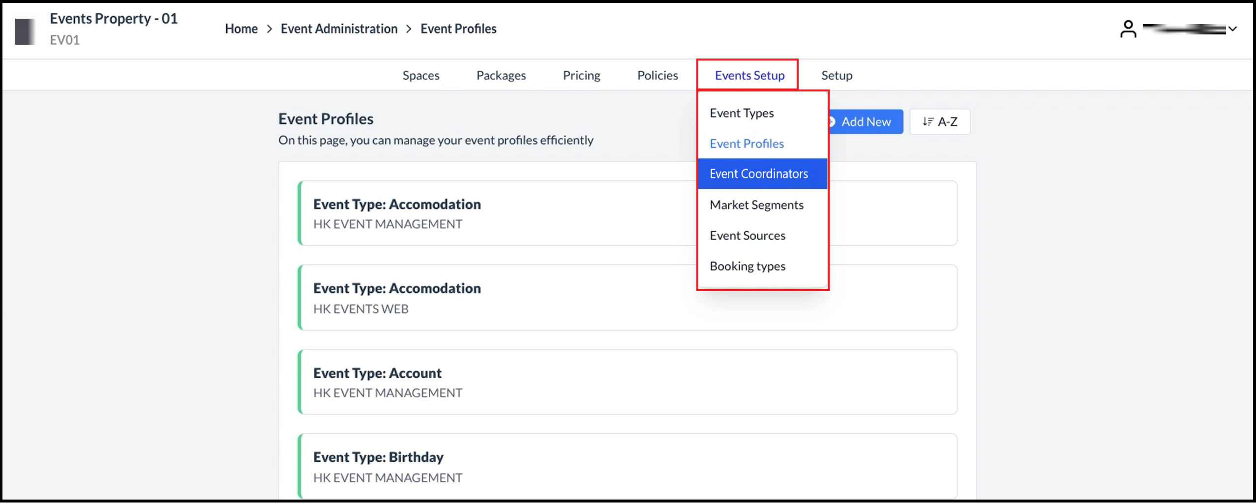 Events Setup Menu Expanded