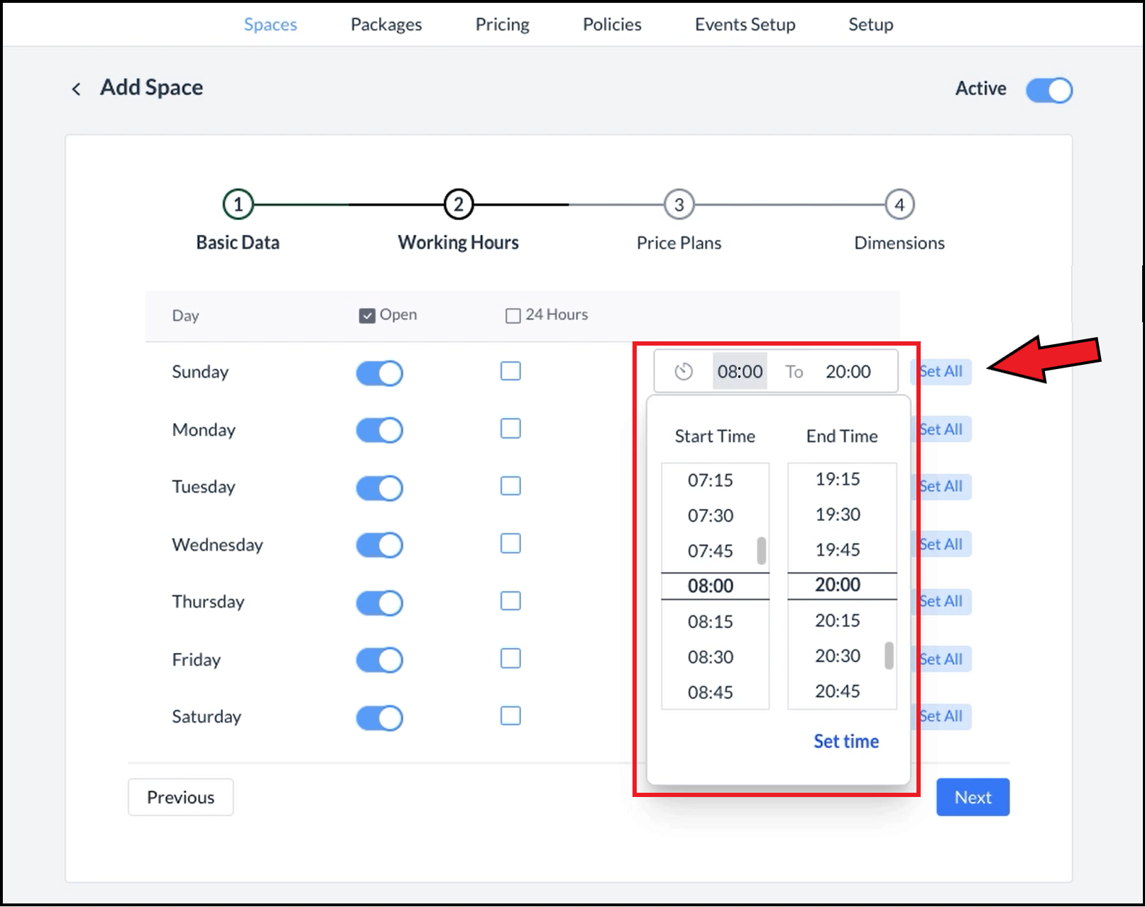 Working Hours - Hours Selection, Set All Link