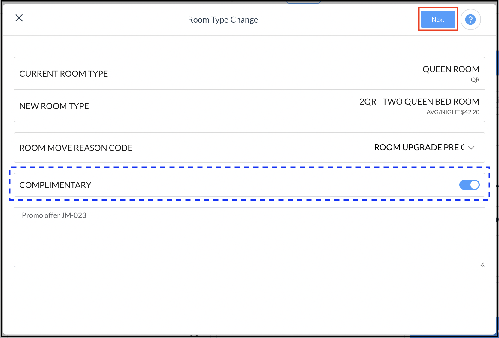 Room Type Change Popup - Complimentary - Next Button