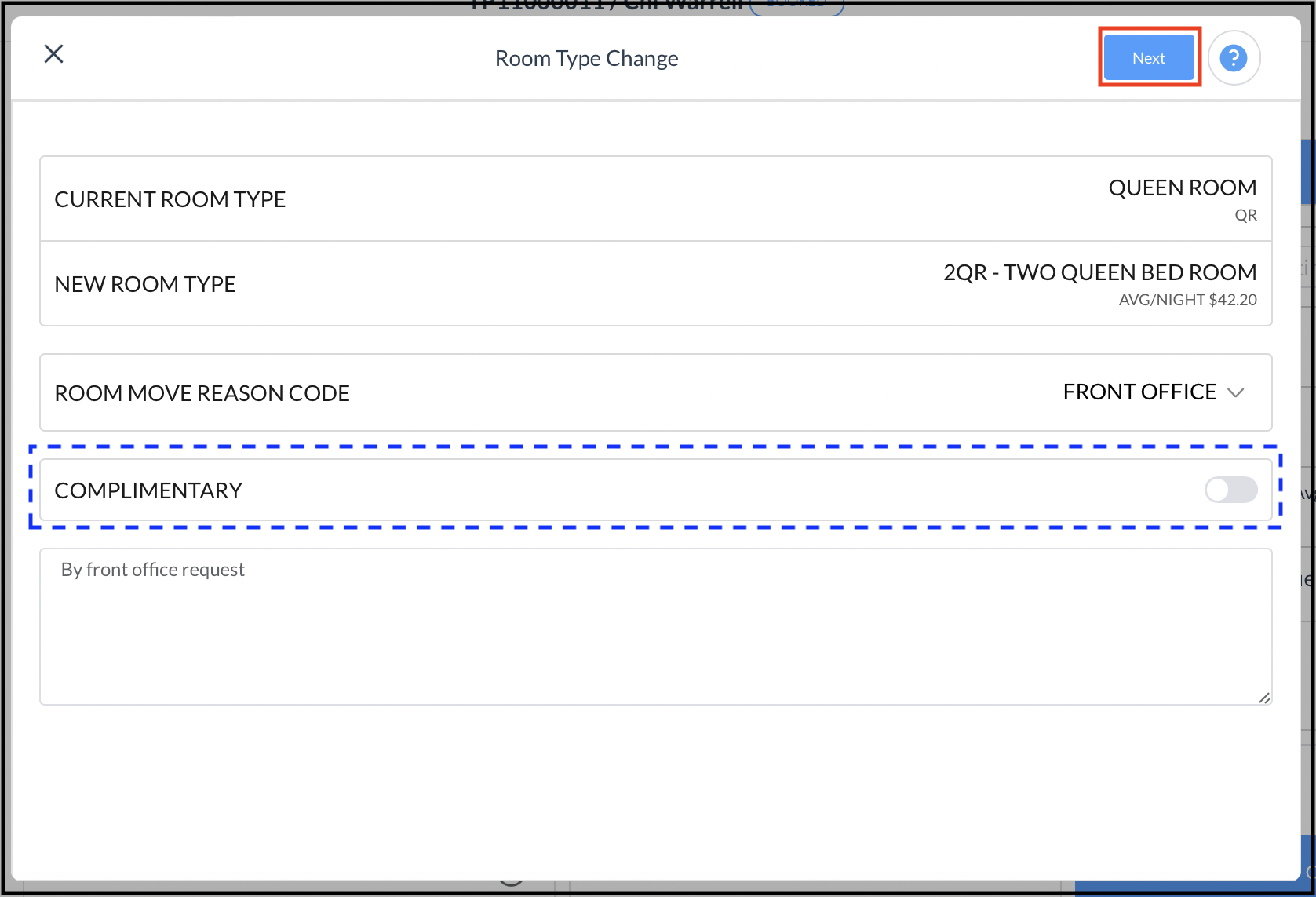 Room Type Change Popup - Not Complimentary - Next Button