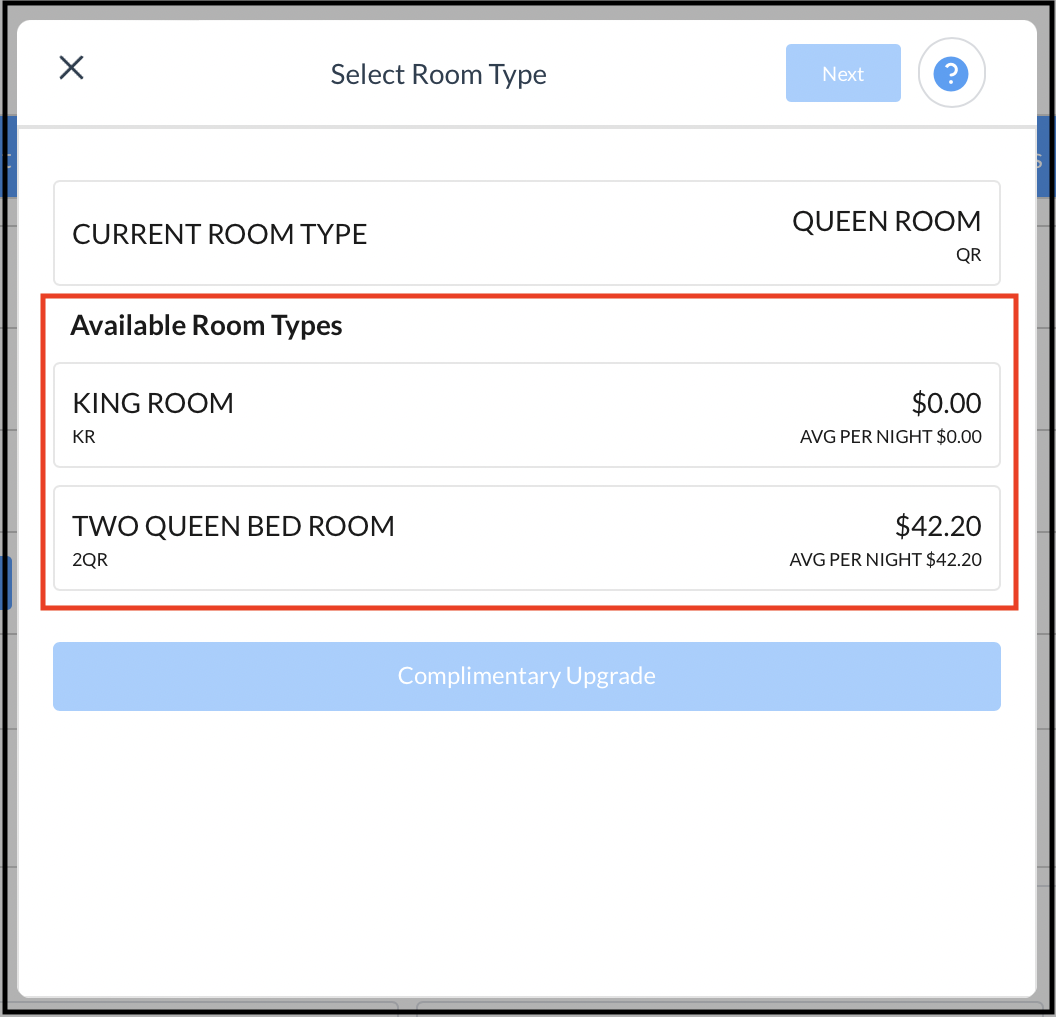 Select Room Type Popup