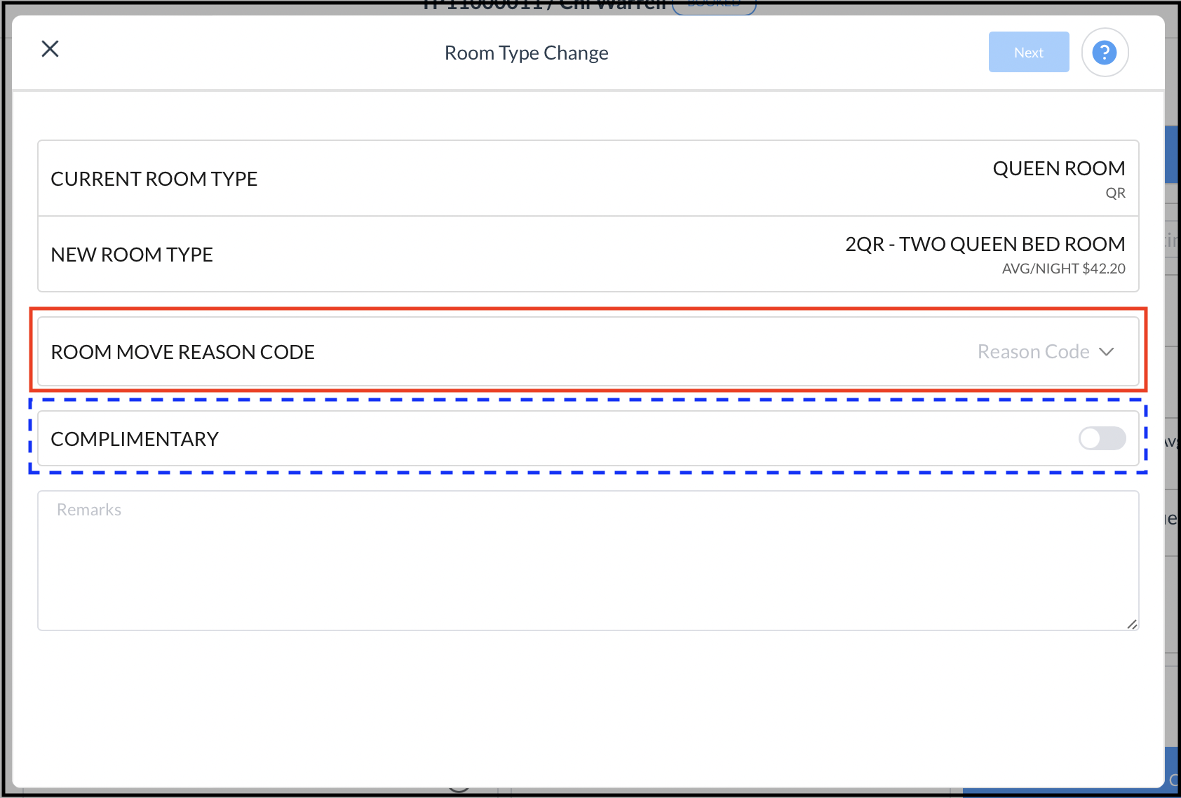 Room Type Change Popup - Not Complimentary - Room Move Reason Code