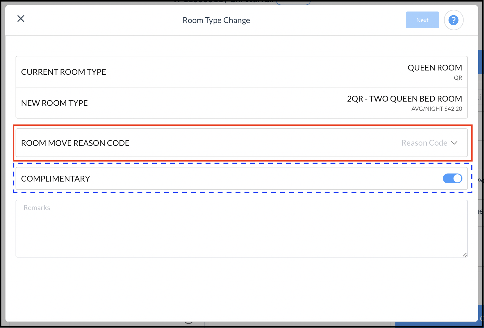 Room Type Change Popup - Complimentary - Room Move Reason Code