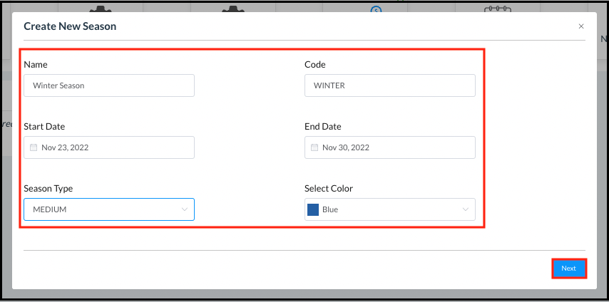 Create New Season Popup