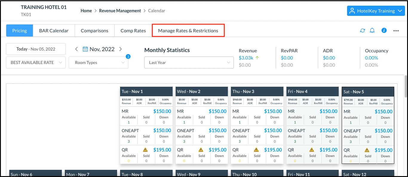 Rate Calendar Page