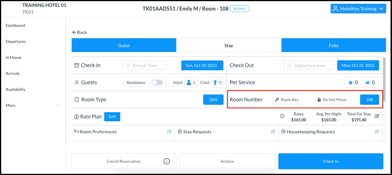 Booking Details Stay Tab - Room Number Assigned