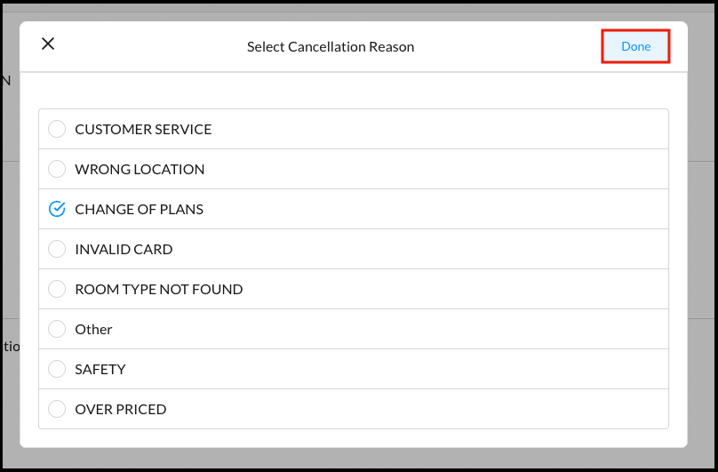 Select Cancellation Reason Popup