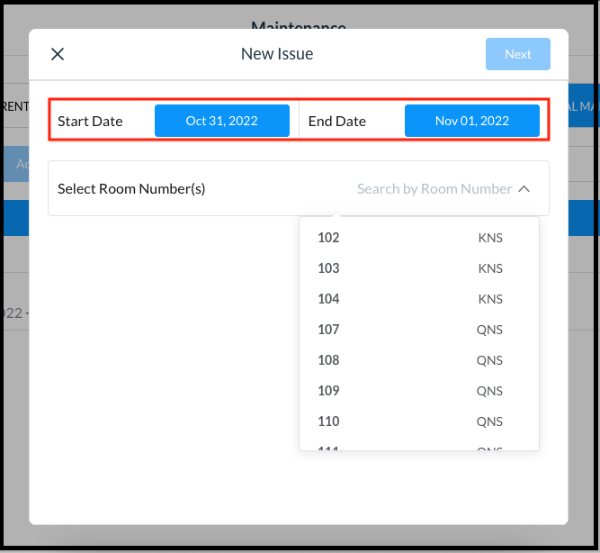 New Issue Popup - Enter Dates