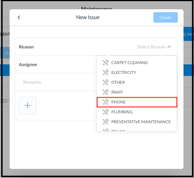 New Issue Popup - Select Reason