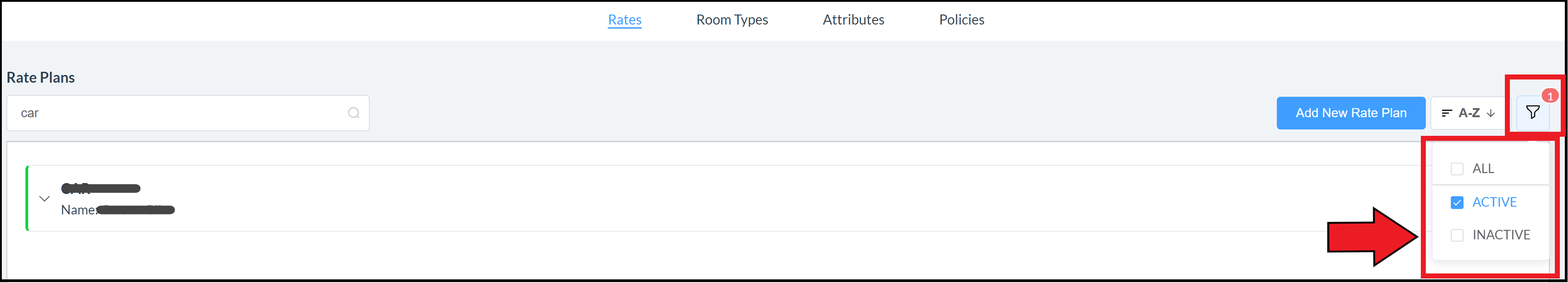 Rate Plans List Filter