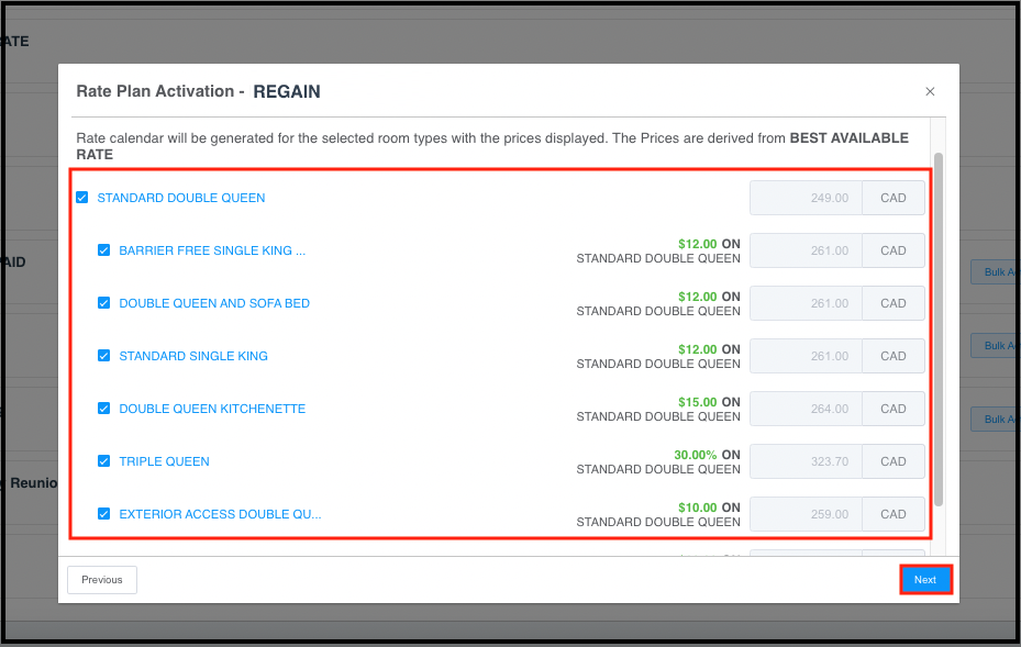 Rate Plan Activation Popup - Select Rooms