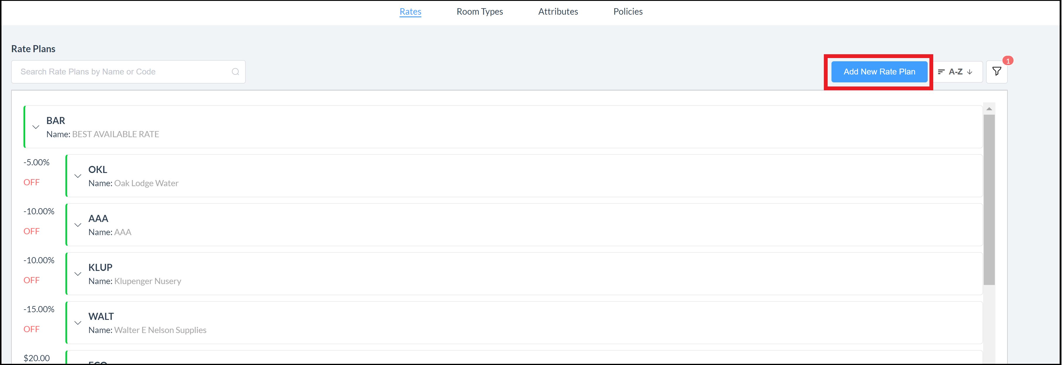 Rate Administration Page - Rate Plans Panel