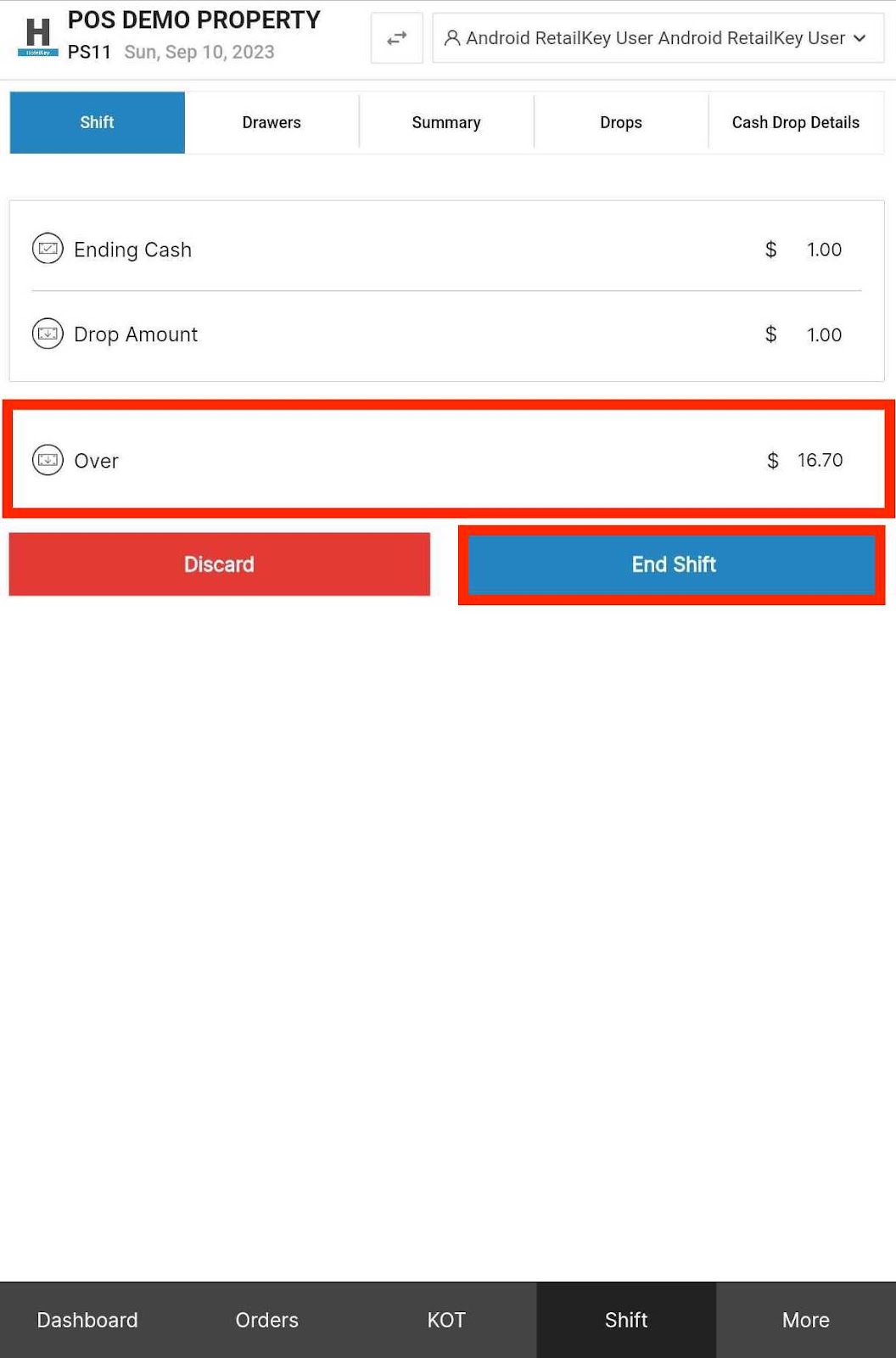 End Shift, Confirm Cash Drop Android