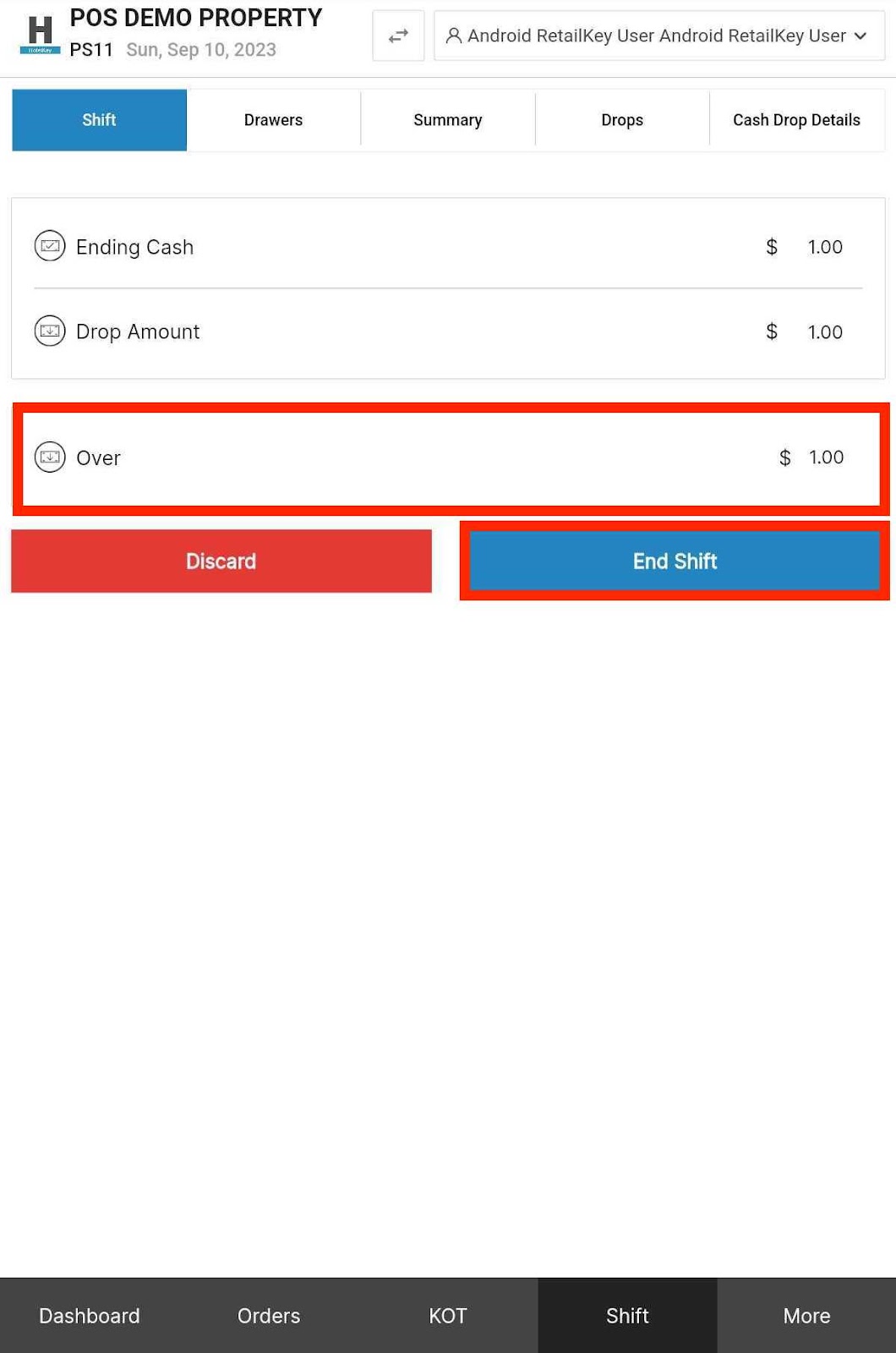 End Shift, Confirm Cash Drop Android