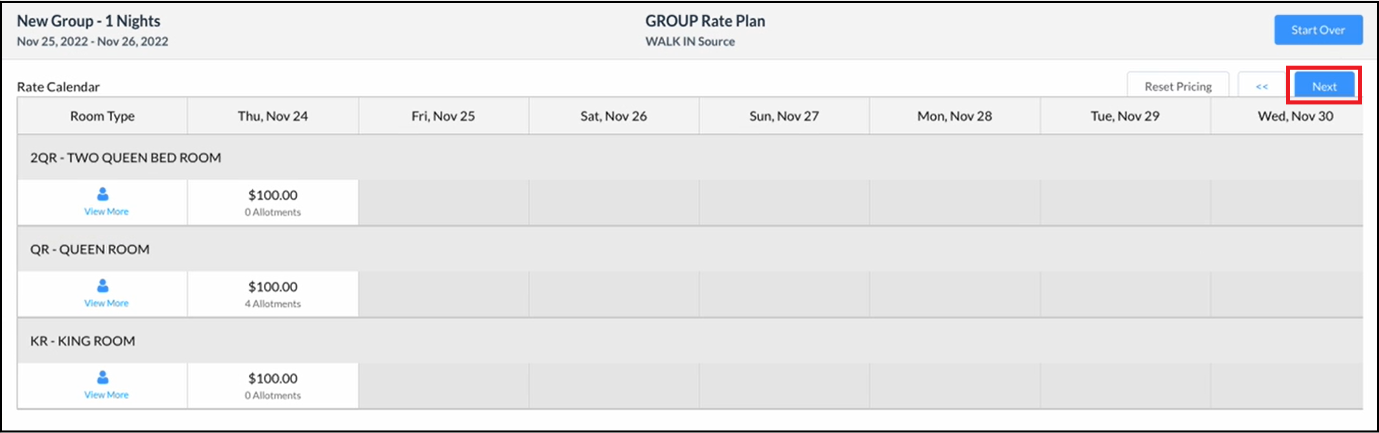 Group Rate Plan - Rate Calendar Panel