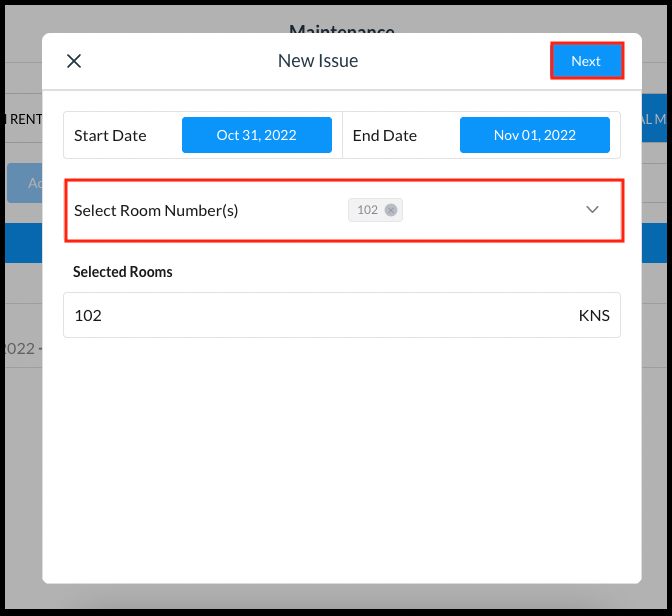 New Issue Popup - Select Room