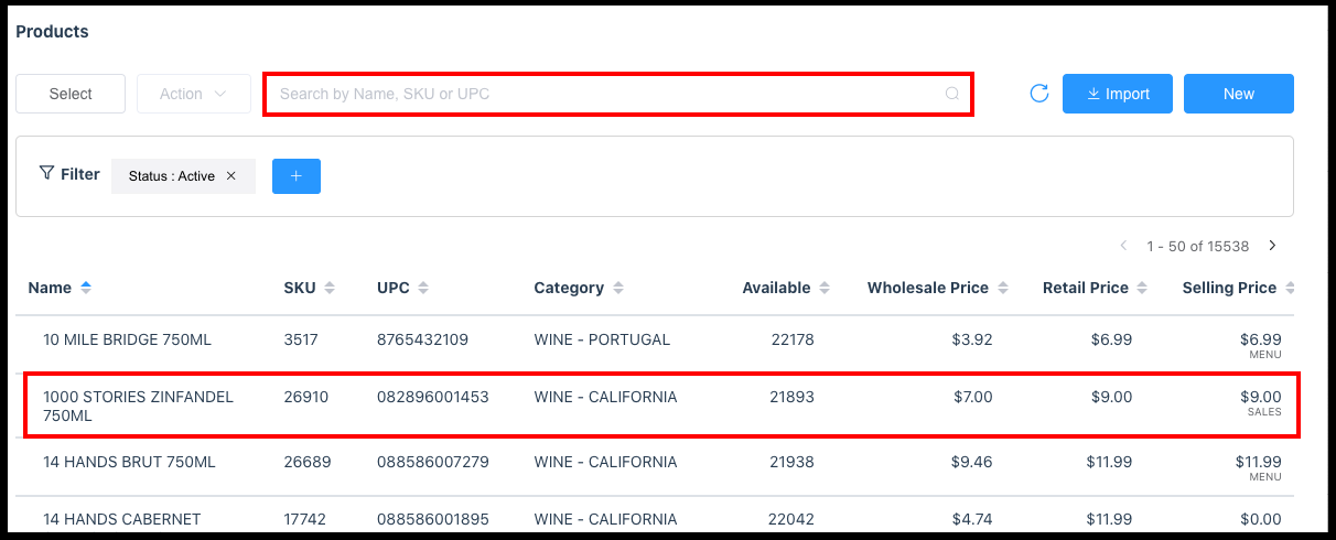 Products Panel - Search Box