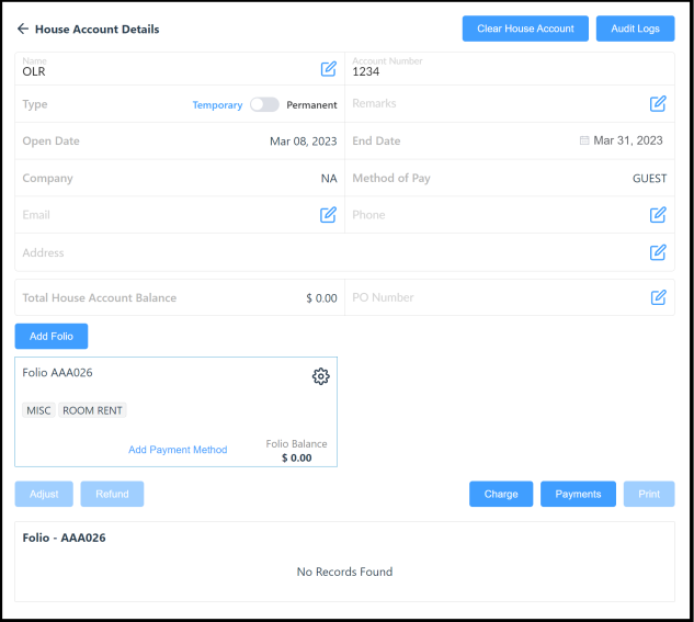 House Account Details Panel