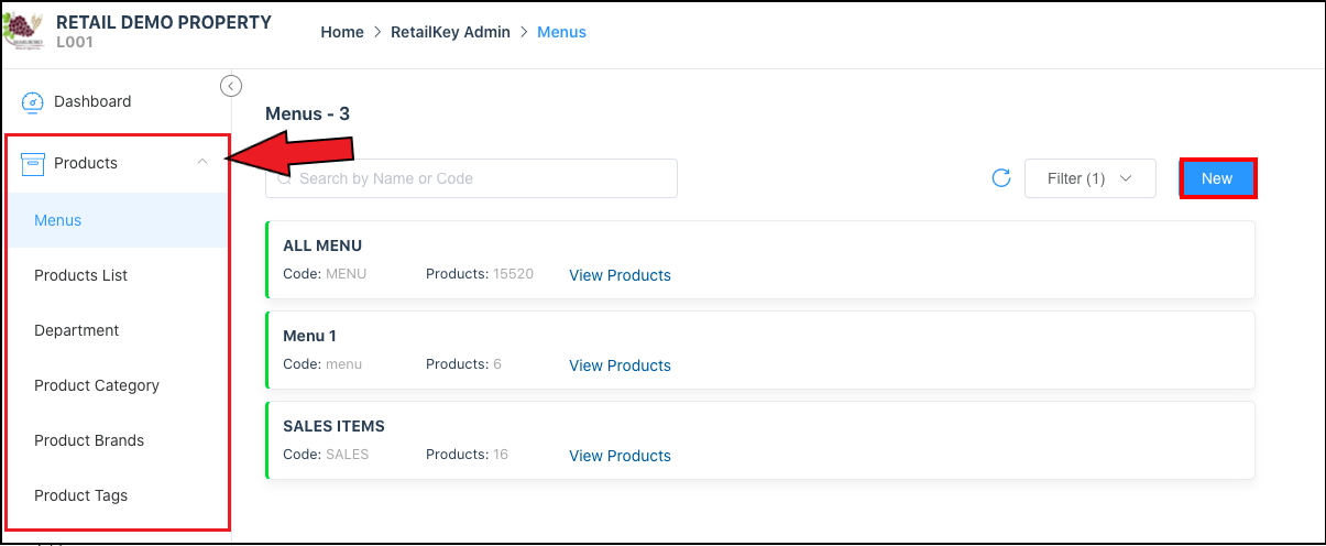 Products Sidebar Section - Menus Link