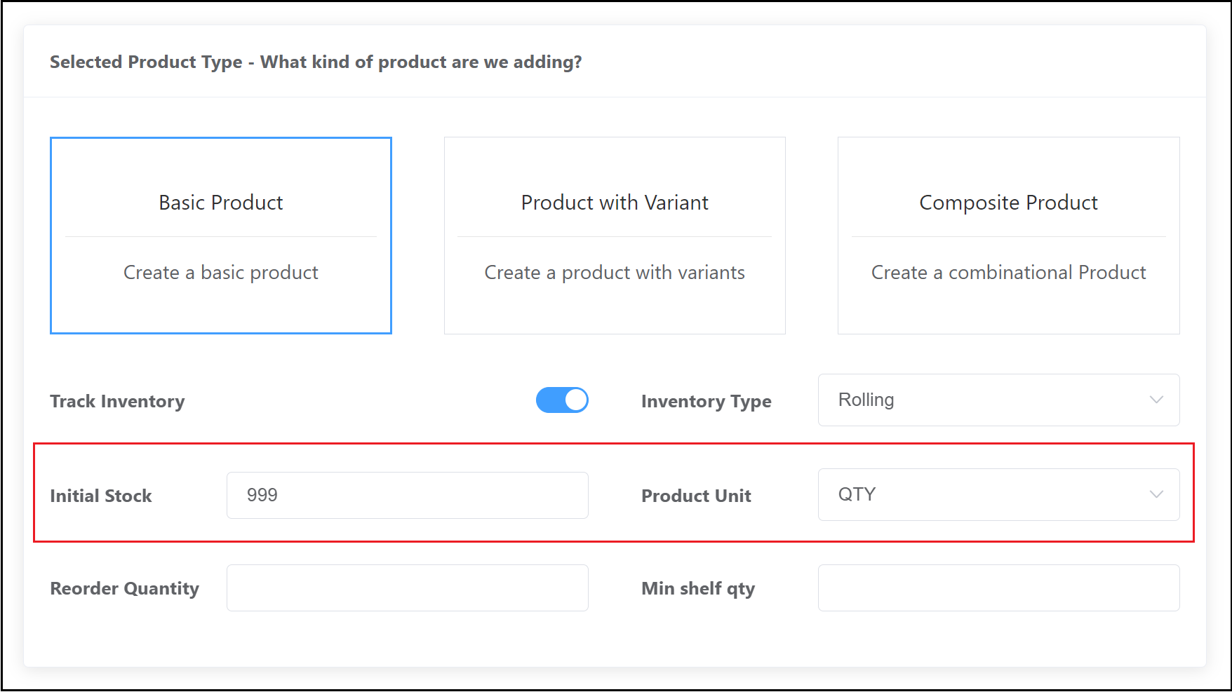 Basic Product - Initial Stock and Unit Details