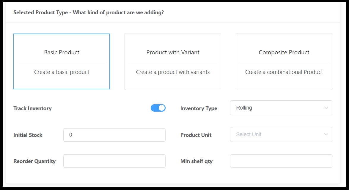 Selected Product Type Section