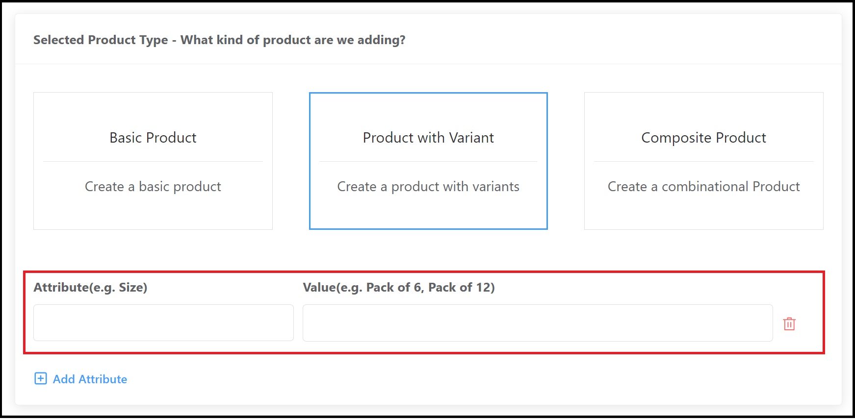 Product with Variant Selected - Attributes Field