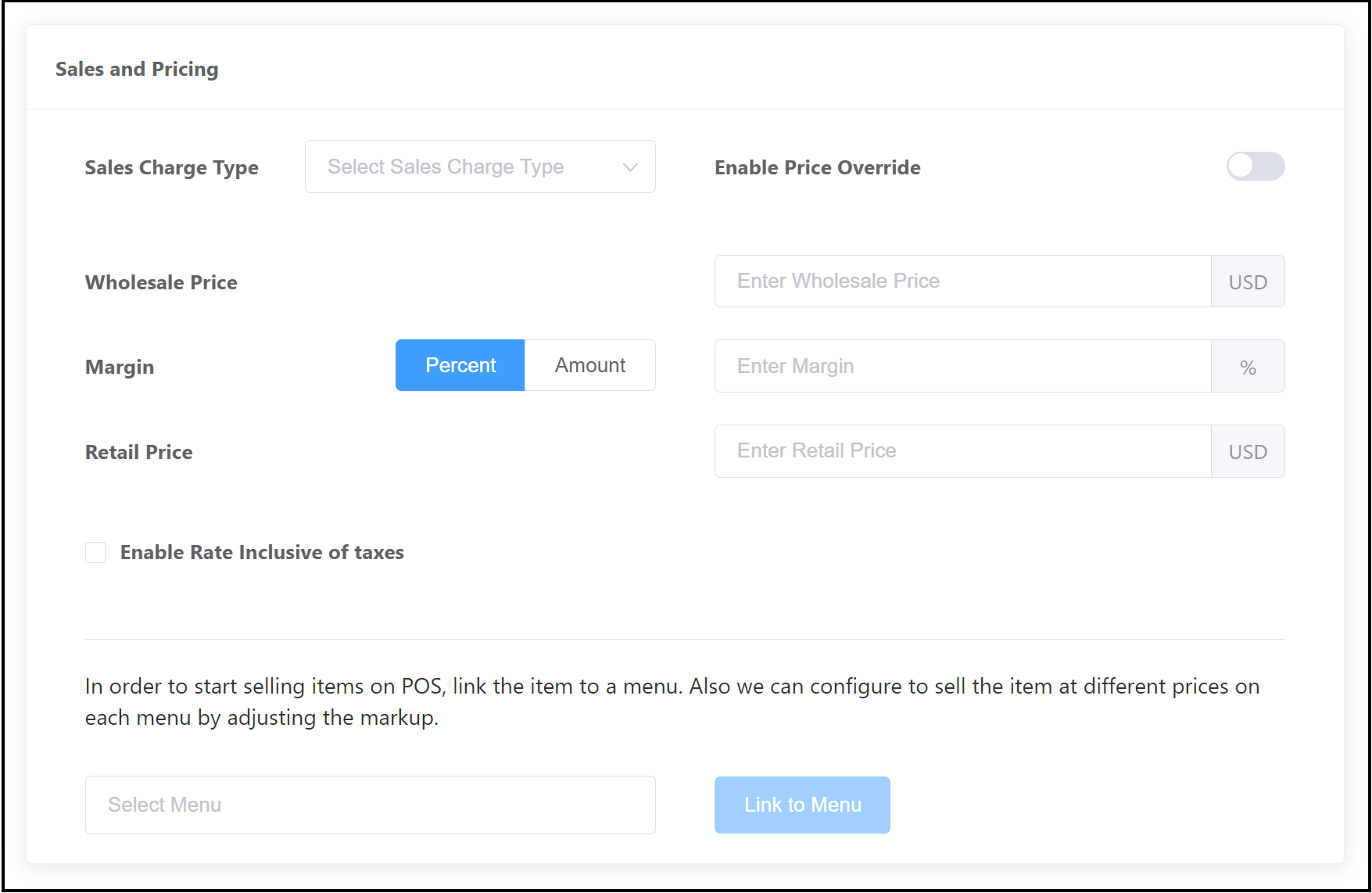 Sales and Pricing Section for Variant - Blank