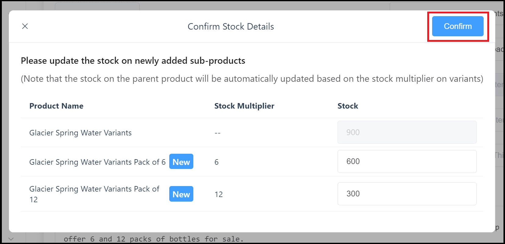 Confirm Stock Details Popup