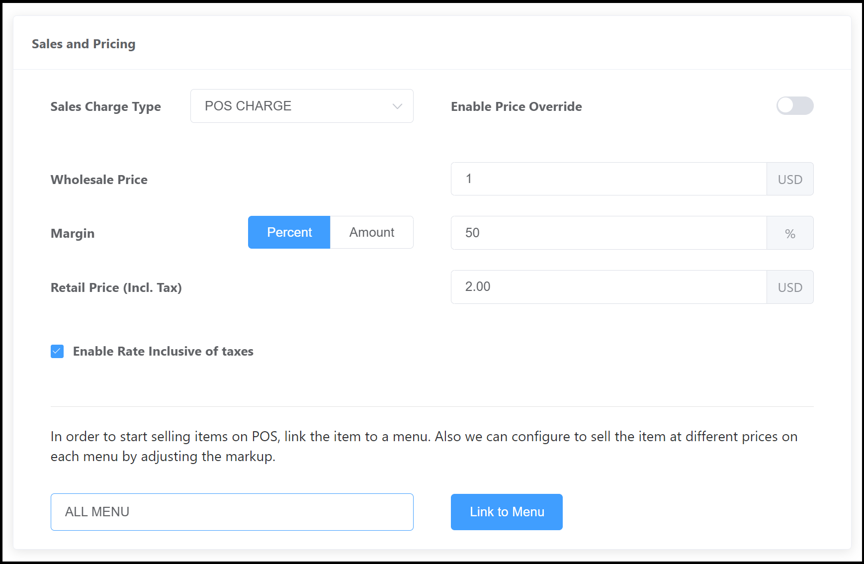 Sales and Pricing Section for Variant - Filled