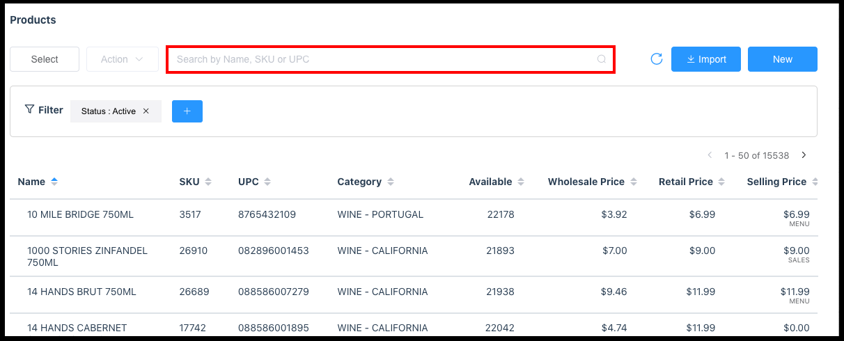 Products Panel - Search Box