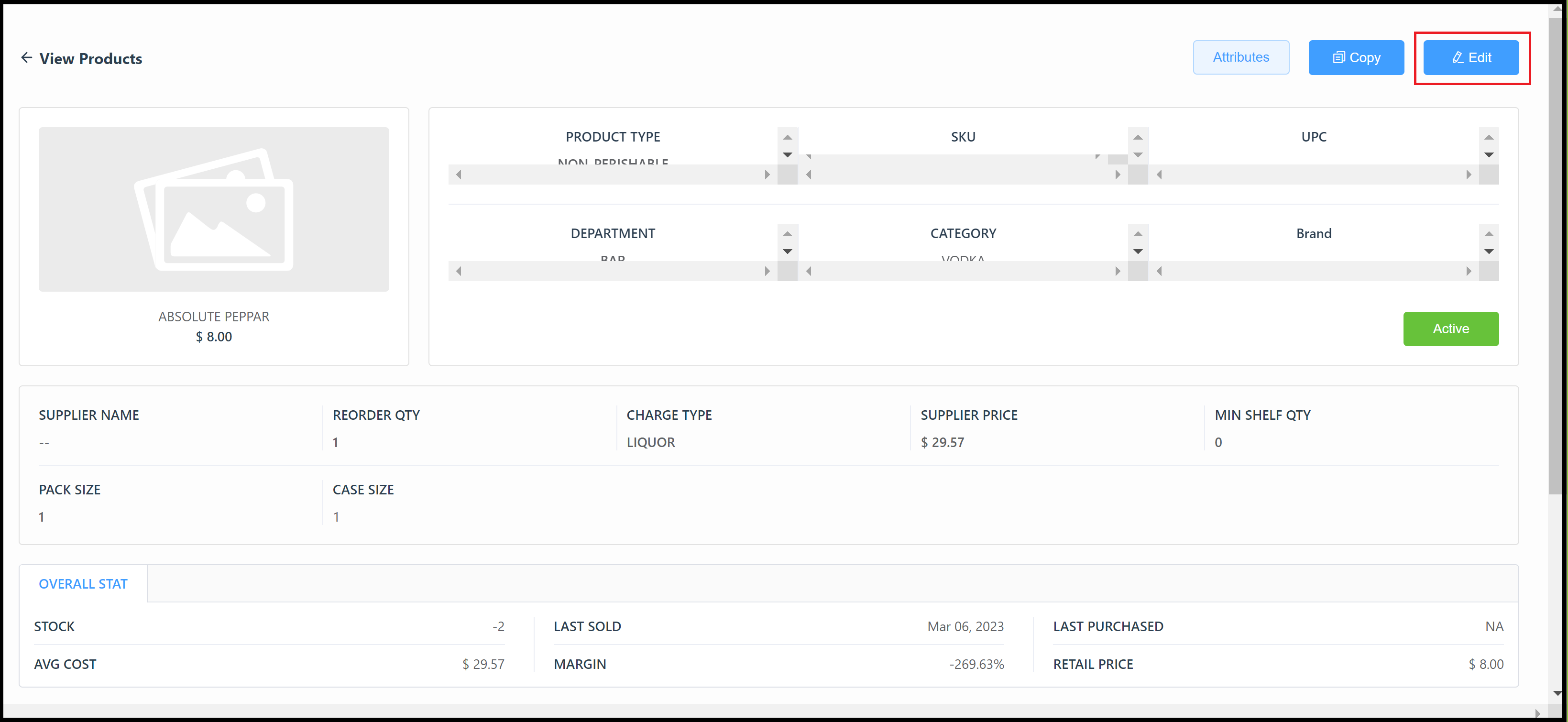 View Products Page - Edit Link