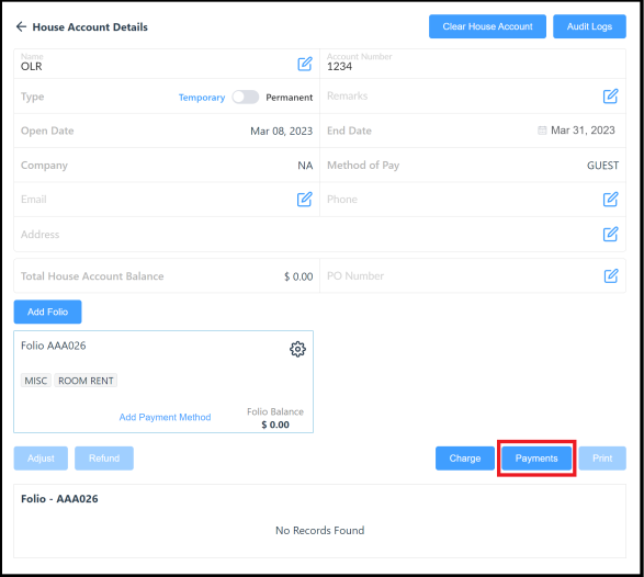 House Account Details Panel - Payments Link