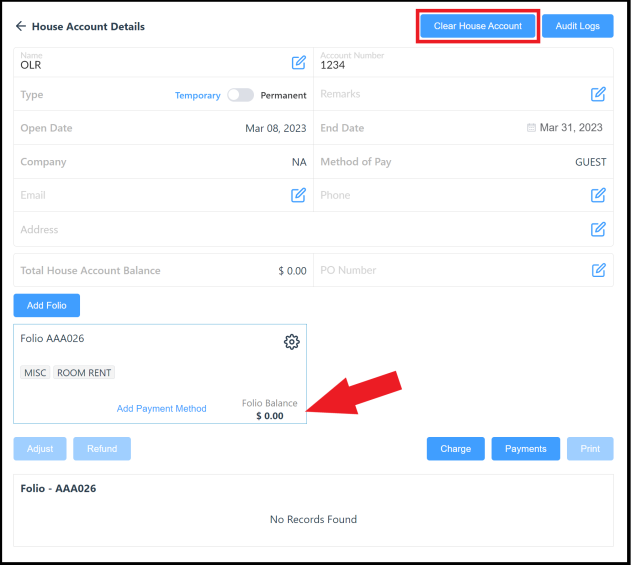 House Account Details - Clear House Account Link