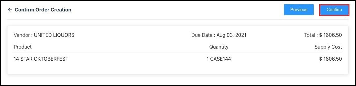 Confirm Order Creation Panel