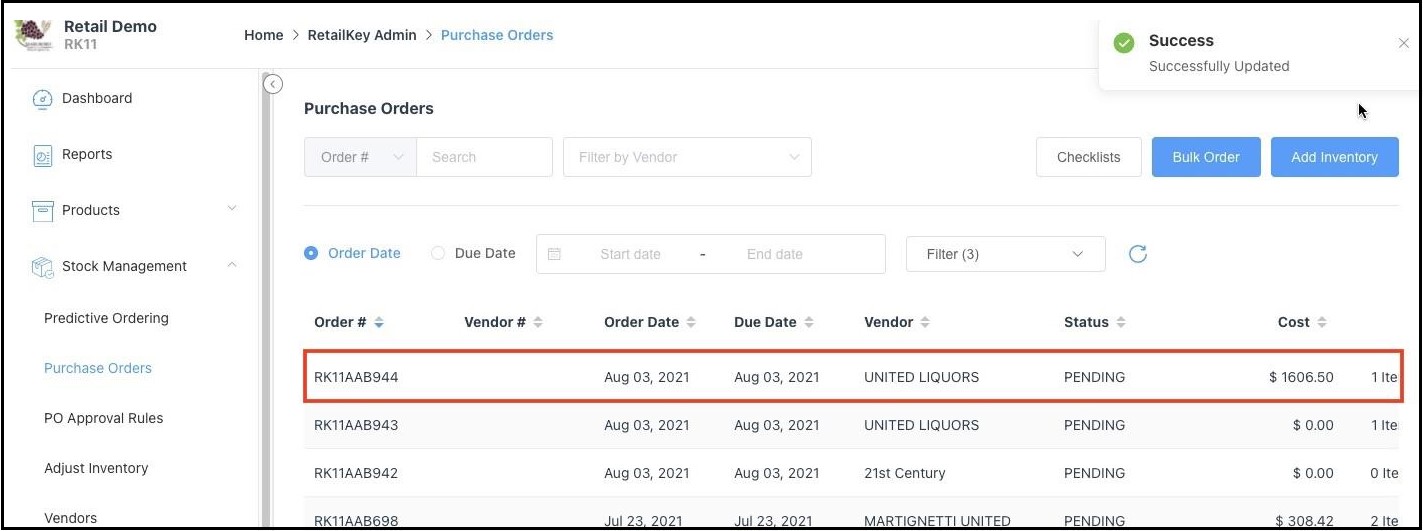 Success Message, Order Created