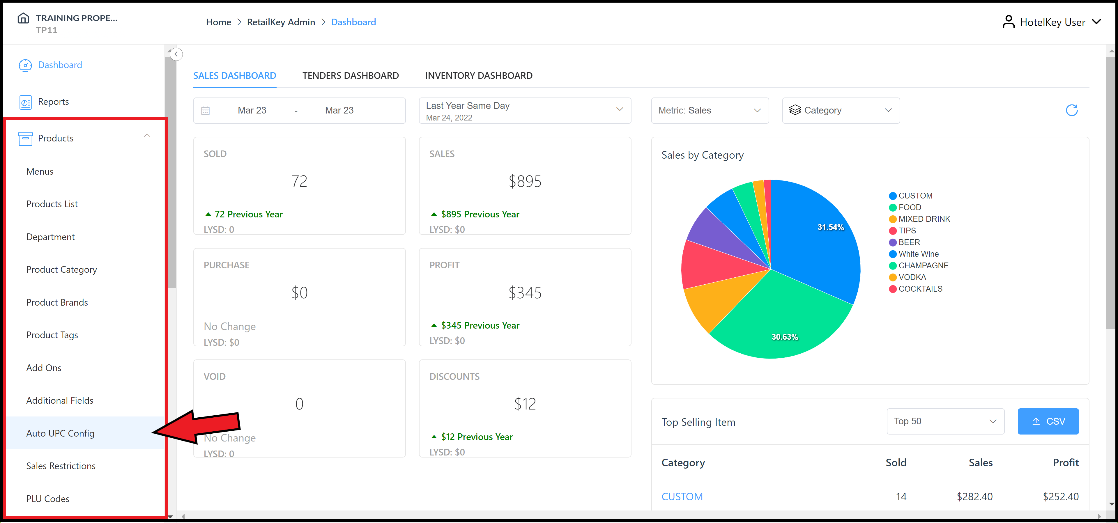 Products Sidebar Menu Expanded - Auto UPC Config Link