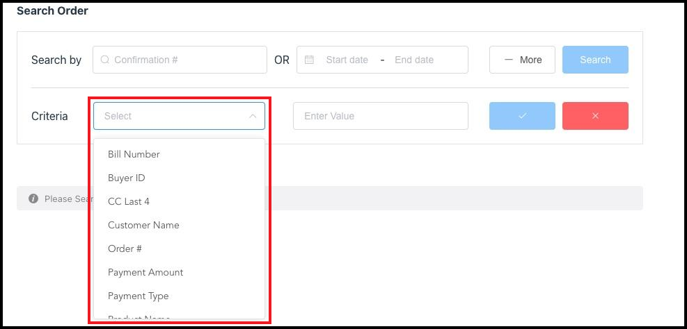 Search Order Panel - Criteria Drop Down List